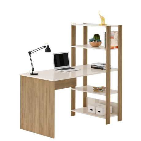 Escritorio con Biblioteca Match Roble y Off White 120x134cm con Tres Repisas - ESCRITORIOS | Bylmo
