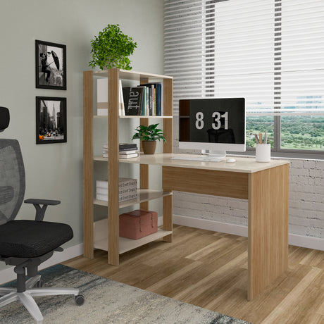 Escritorio con Biblioteca Match Roble y Off White 120x134cm con Tres Repisas - ESCRITORIOS | Bylmo