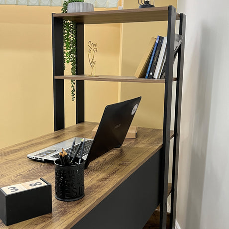 Escritorio con Biblioteca Match Pino y Negro 120x134cm con Tres Repisas - ESCRITORIOS | Bylmo