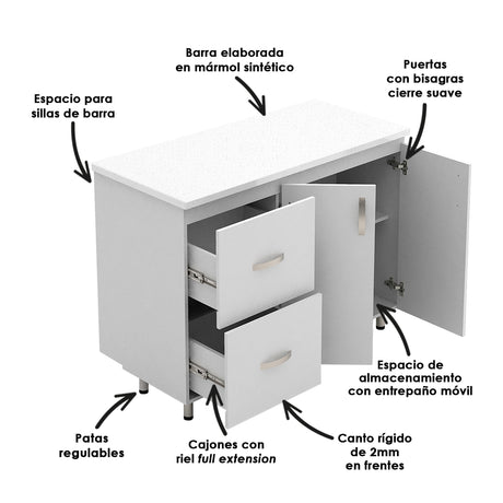 Barra de Cocina Ambar Blanco 120x88cm con Mesón de Mármol Sintético y Cuatro Compartimientos - BARRAS Y MUEBLES AUXILIARES | Bylmo