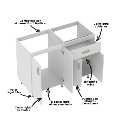 Mueble Inferior de Cocina Ambar Blanco 120x88cm Sin Mesón y con Organizador de Cubiertos - MUEBLES INFERIORES DE COCINA | Bylmo