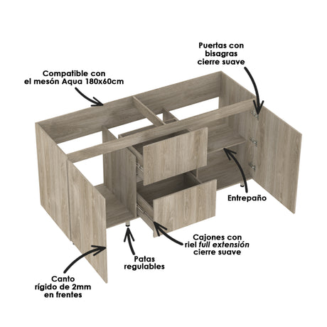 Mueble Inferior de Cocina Zafiro Austral 180x88cm Sin Mesón y con Organizador de Cubiertos - MUEBLES INFERIORES DE COCINA | Bylmo