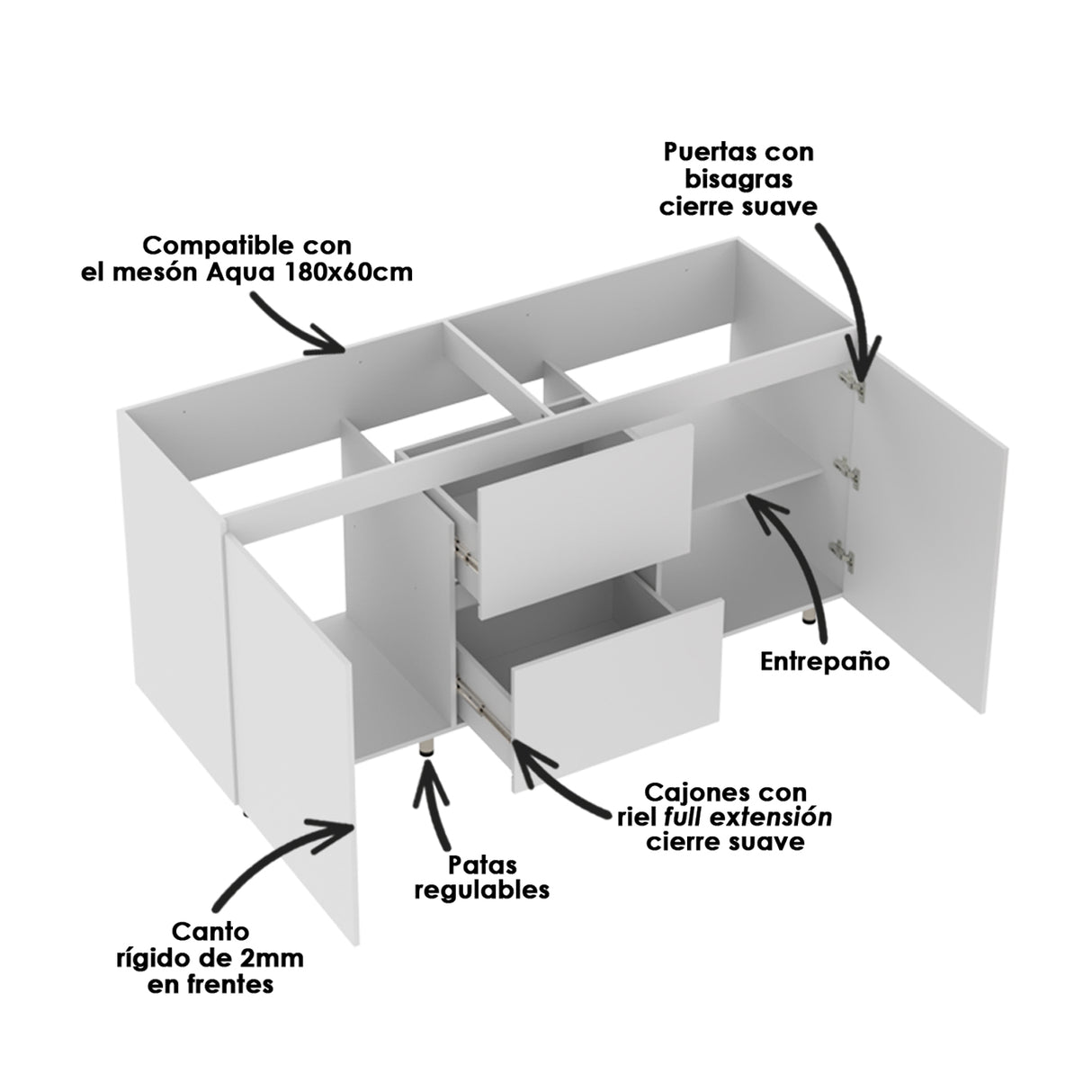 Mueble Inferior de Cocina Zafiro Blanco 180x90cm Sin Mesón y con Organizador de Cubiertos - MUEBLES INFERIORES DE COCINA | Bylmo