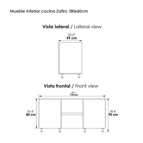 Mueble Inferior de Cocina Zafiro Blanco 180x90cm Sin Mesón y con Organizador de Cubiertos - MUEBLES INFERIORES DE COCINA | Bylmo