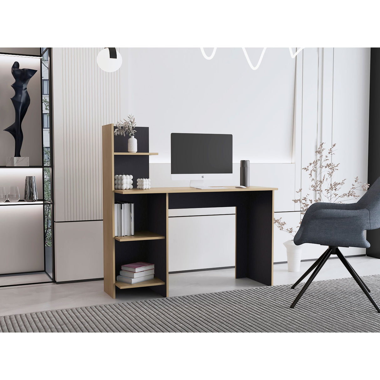 Escritorio con Biblioteca Vilna Fresno Europeo y Wengue 120x120.6cm sin Cajones - ESCRITORIOS | Bylmo