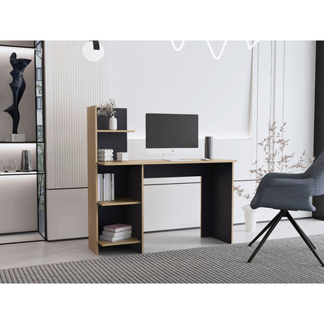 Escritorio con Biblioteca Vilna Fresno Europeo y Wengue 120x120.6cm sin Cajones - ESCRITORIOS | Bylmo
