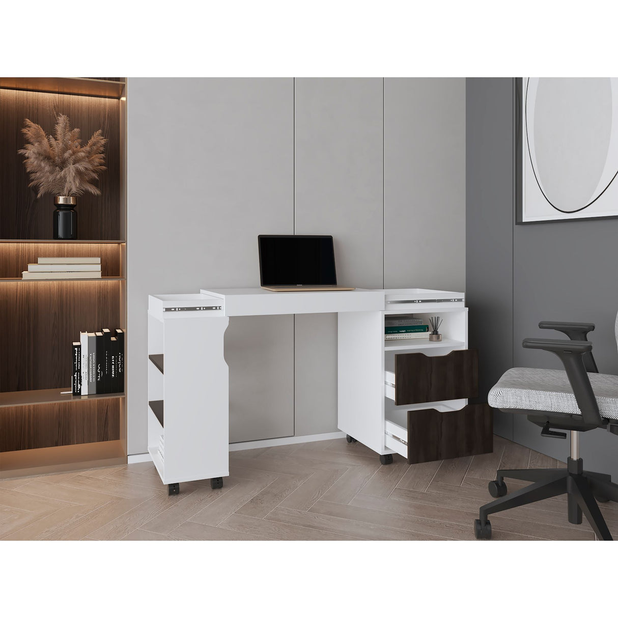 Escritorio Extensible San Diego Blanco y Nogal 70.5x75.5cm con Dos Cajones - ESCRITORIOS | Bylmo