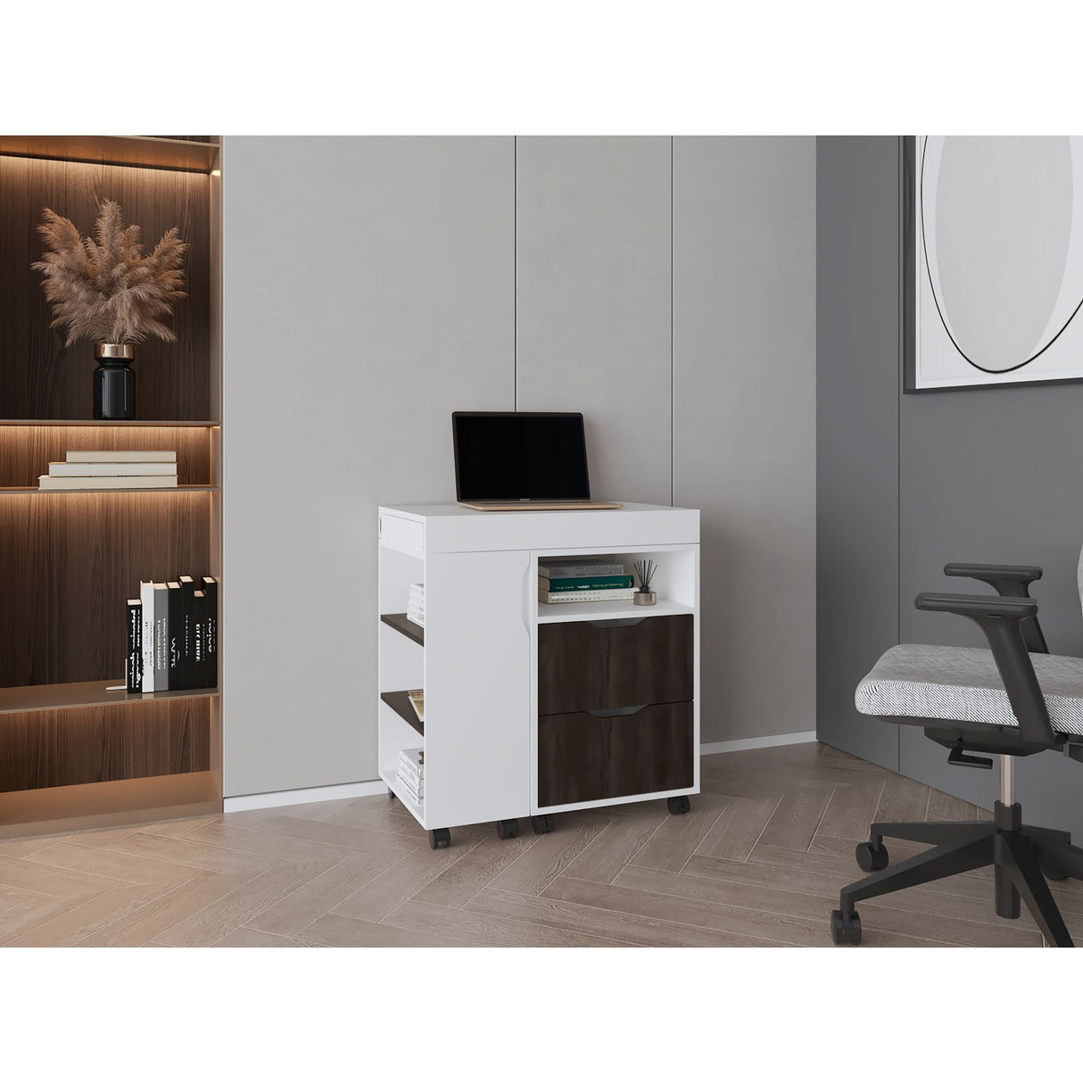 Escritorio Extensible San Diego Blanco y Nogal 70.5x75.5cm con Dos Cajones - ESCRITORIOS | Bylmo