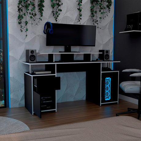 Escritorio Gamer Keria Wengue y Blanco 157x88.5cm con Un Cajón - ESCRITORIOS | Bylmo