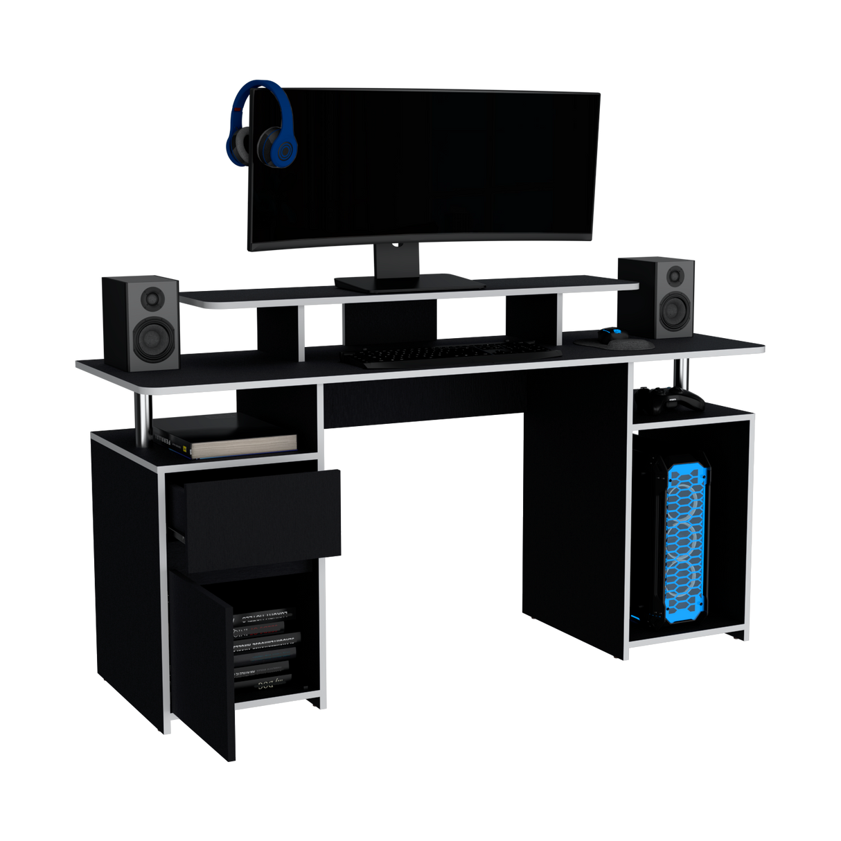 Escritorio Gamer Keria Wengue y Blanco 157x88.5cm con Un Cajón - ESCRITORIOS | Bylmo