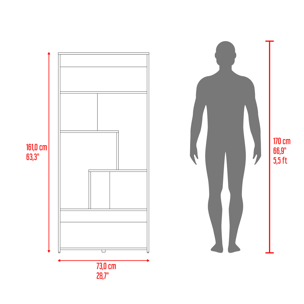 Biblioteca Asimétrica Lous Fresno Europeo 73x161cm Con Siete Compartimientos - BIBLIOTECAS Y ESTANTERIAS | Bylmo