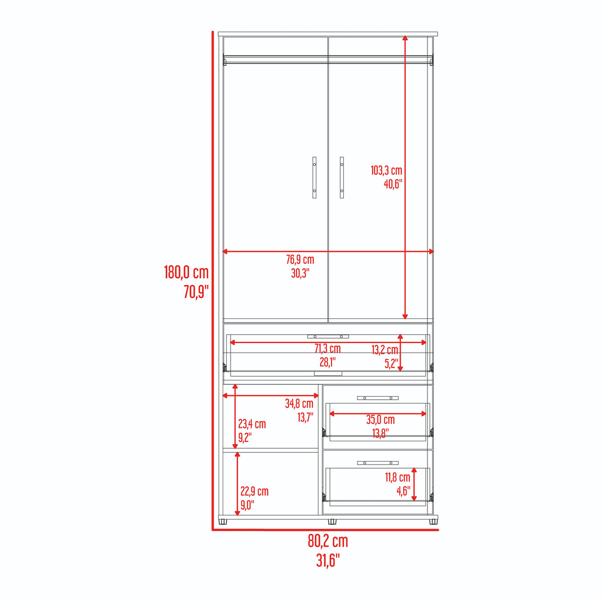 Closet Sevilla Fresno Europeo Mallado 80x180cm Con Tres Cajones y Cinco Compartimientos - CLOSETS | Bylmo