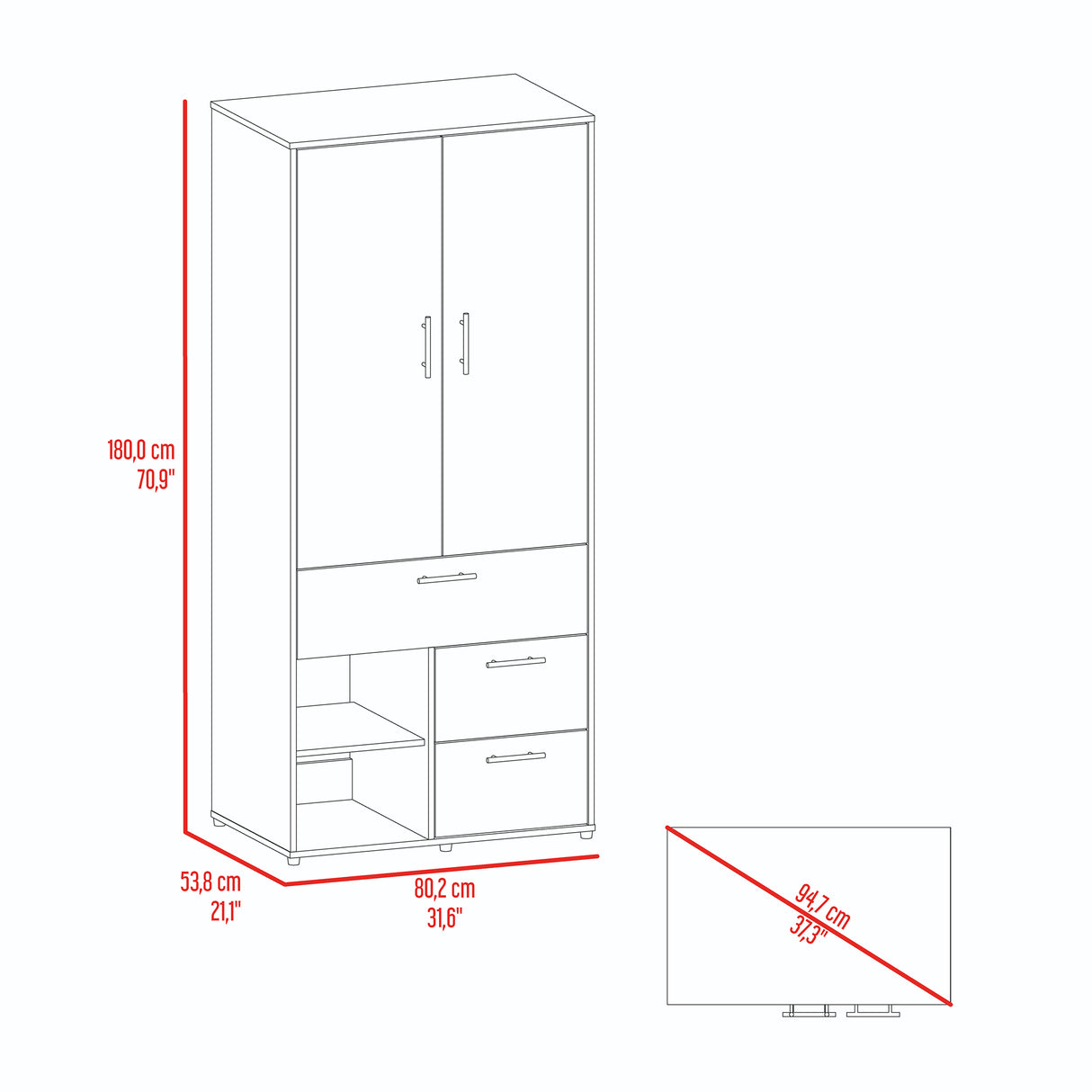 Closet Sevilla Fresno Europeo Mallado 80x180cm Con Tres Cajones y Cinco Compartimientos - CLOSETS | Bylmo