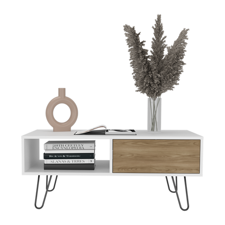 Mesa de Centro Tori Blanco y Fresno Europeo 100.6x42cm Rectangular con Compartimientos y con Patas - MESAS DE CENTRO | Bylmo