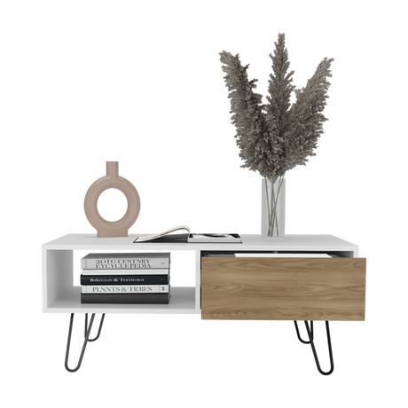 Mesa de Centro Tori Blanco y Fresno Europeo 100.6x42cm Rectangular con Compartimientos y con Patas - MESAS DE CENTRO | Bylmo