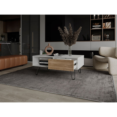 Mesa de Centro Tori Blanco y Fresno Europeo 100.6x42cm Rectangular con Compartimientos y con Patas - MESAS DE CENTRO | Bylmo