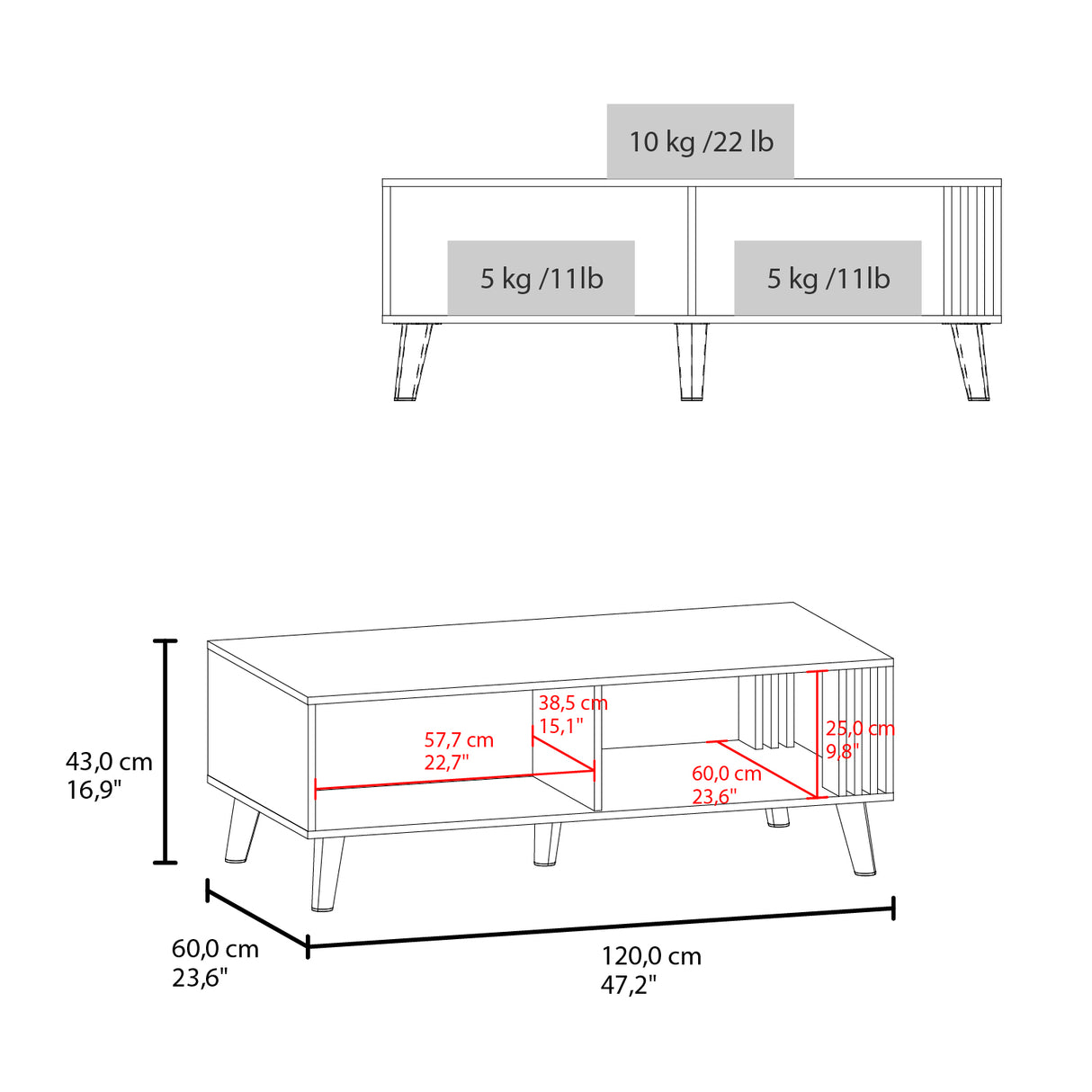 Mesa de Centro Vance Wengue y Fresno Europeo 120x43cm Rectangular con Compartimientos y con Patas - MESAS DE CENTRO | Bylmo