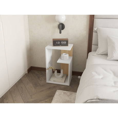 Mesa Auxiliar Everett Blanco y Fresno Europeo 39.8x63.4cm Rectangular con Dos Compartimientos - MESAS AUXILIARES | Bylmo