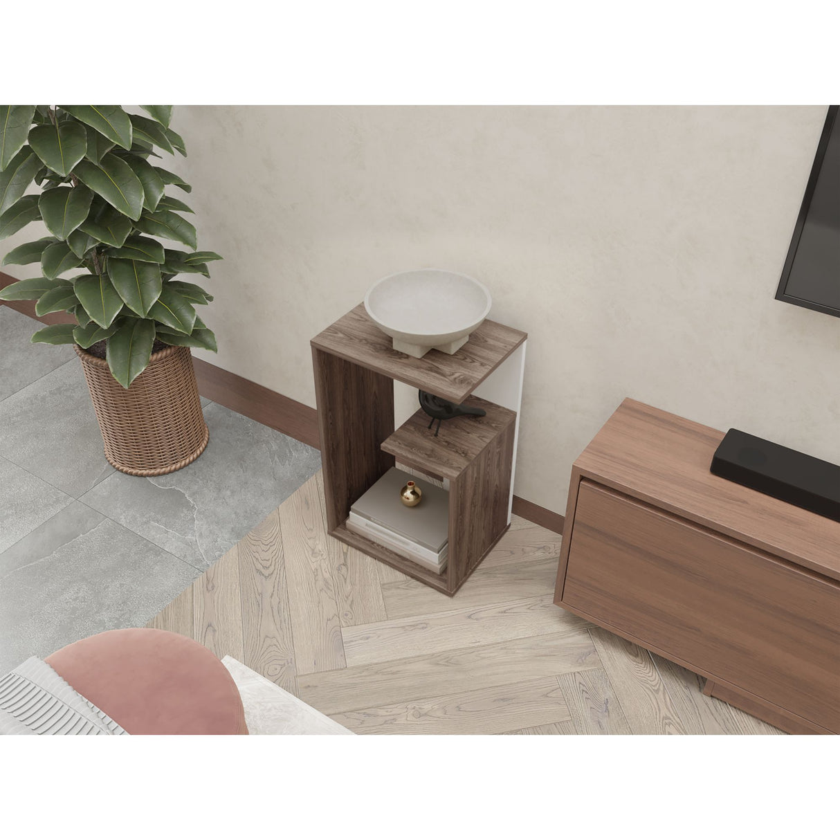 Mesa Auxiliar Everett Coñac y Blanco 39.8x63.4cm Rectangular con Dos Compartimientos - MESAS AUXILIARES | Bylmo