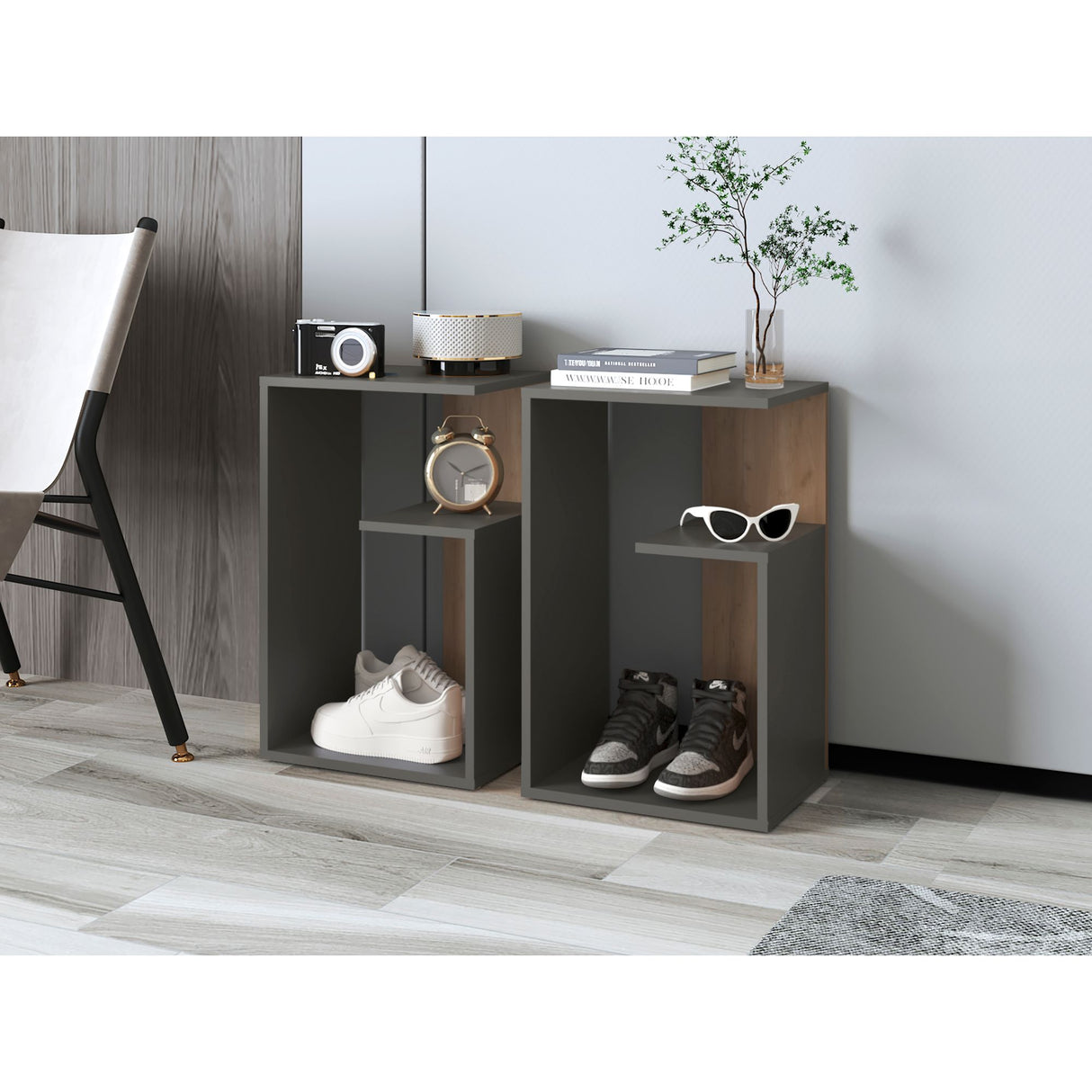 Mesa Auxiliar Everett Plomo y Fresno Europeo 39.8x63.4cm Rectangular con Dos Compartimientos - MESAS AUXILIARES | Bylmo