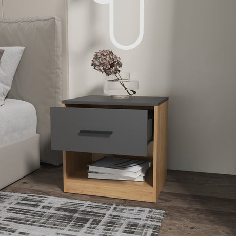 Mesa de Noche Alder Plomo y Fresno Europeo 50x50cm con Un Cajón - MESAS DE NOCHE | Bylmo