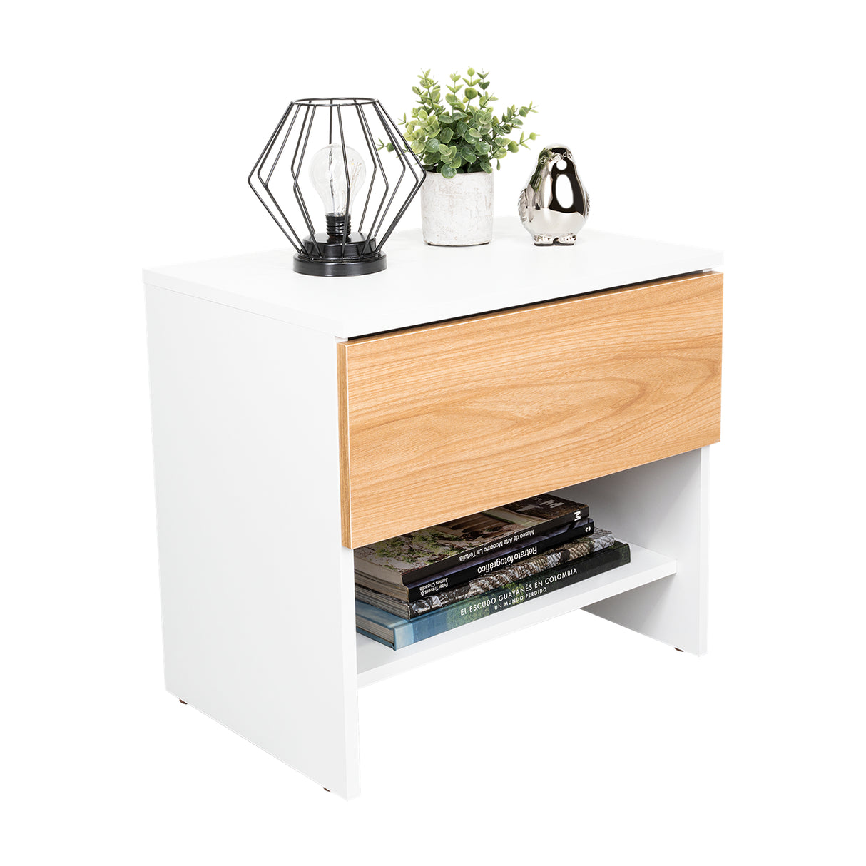 Mesa de Noche Dasel Fresno Europeo y Blanco 50x46.6cm con Un Cajón - MESAS DE NOCHE | Bylmo