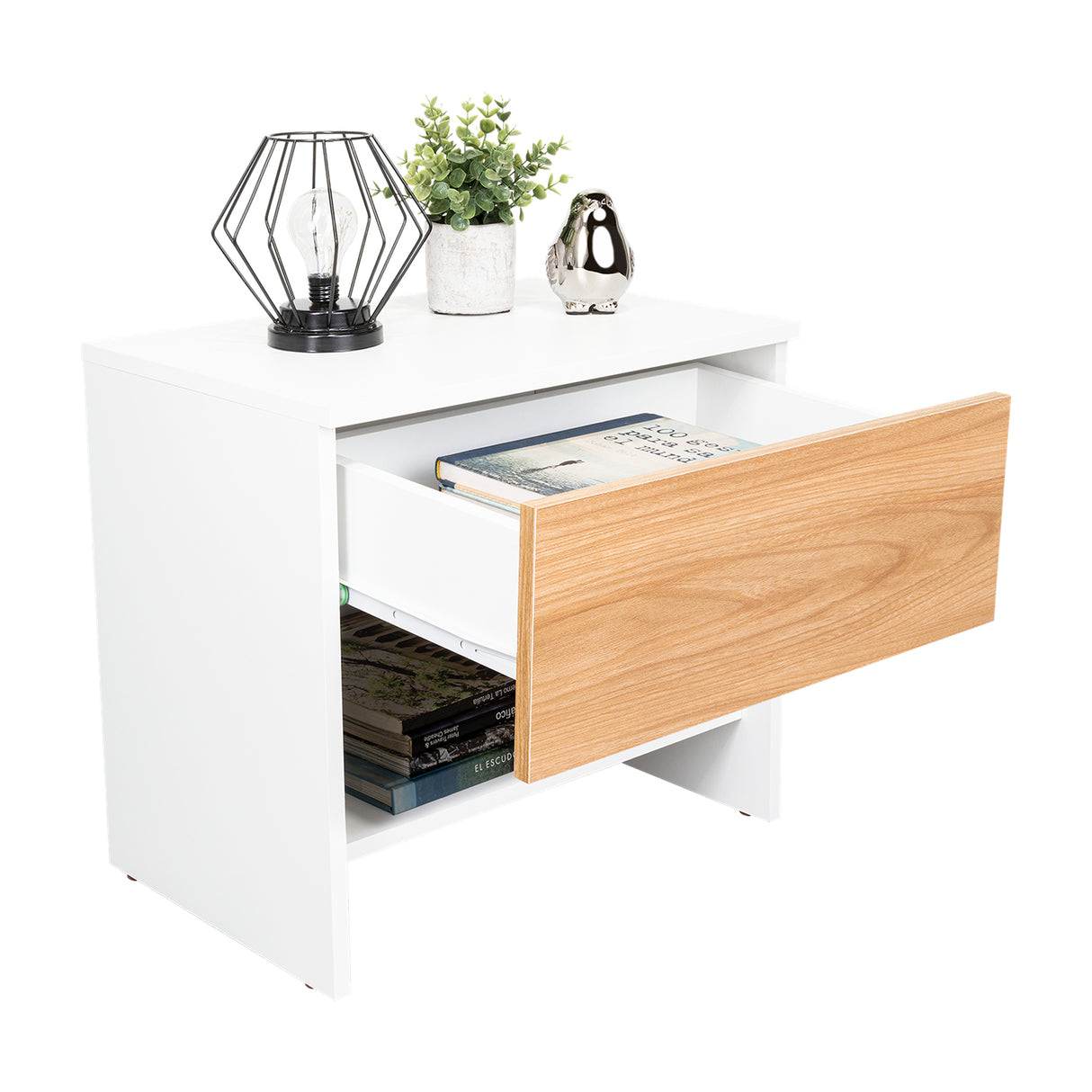 Mesa de Noche Dasel Fresno Europeo y Blanco 50x46.6cm con Un Cajón - MESAS DE NOCHE | Bylmo