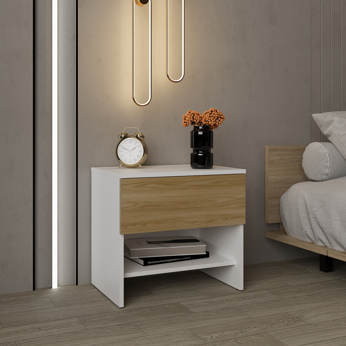 Mesa de Noche Dasel Fresno Europeo y Blanco 50x46.6cm con Un Cajón - MESAS DE NOCHE | Bylmo