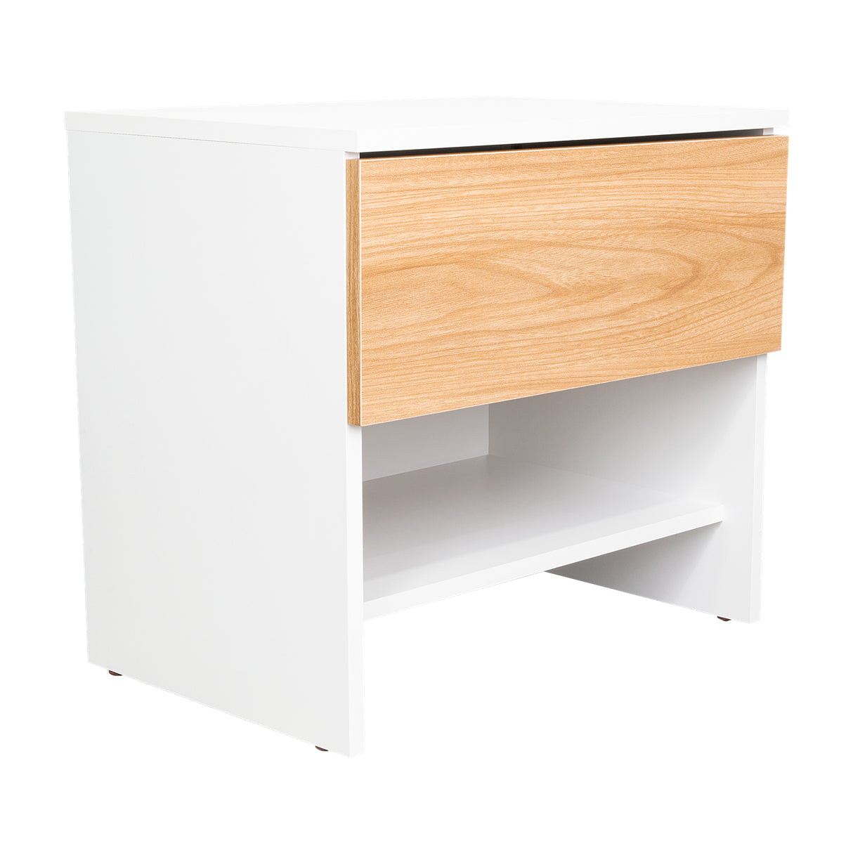 Mesa de Noche Dasel Fresno Europeo y Blanco 50x46.6cm con Un Cajón - MESAS DE NOCHE | Bylmo