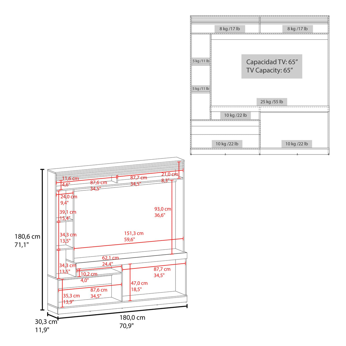 Centro de Entretenimiento Dante Nogal 180x180.6cm Para TV Hasta 55 Pulgadas - MUEBLES DE TV | Bylmo