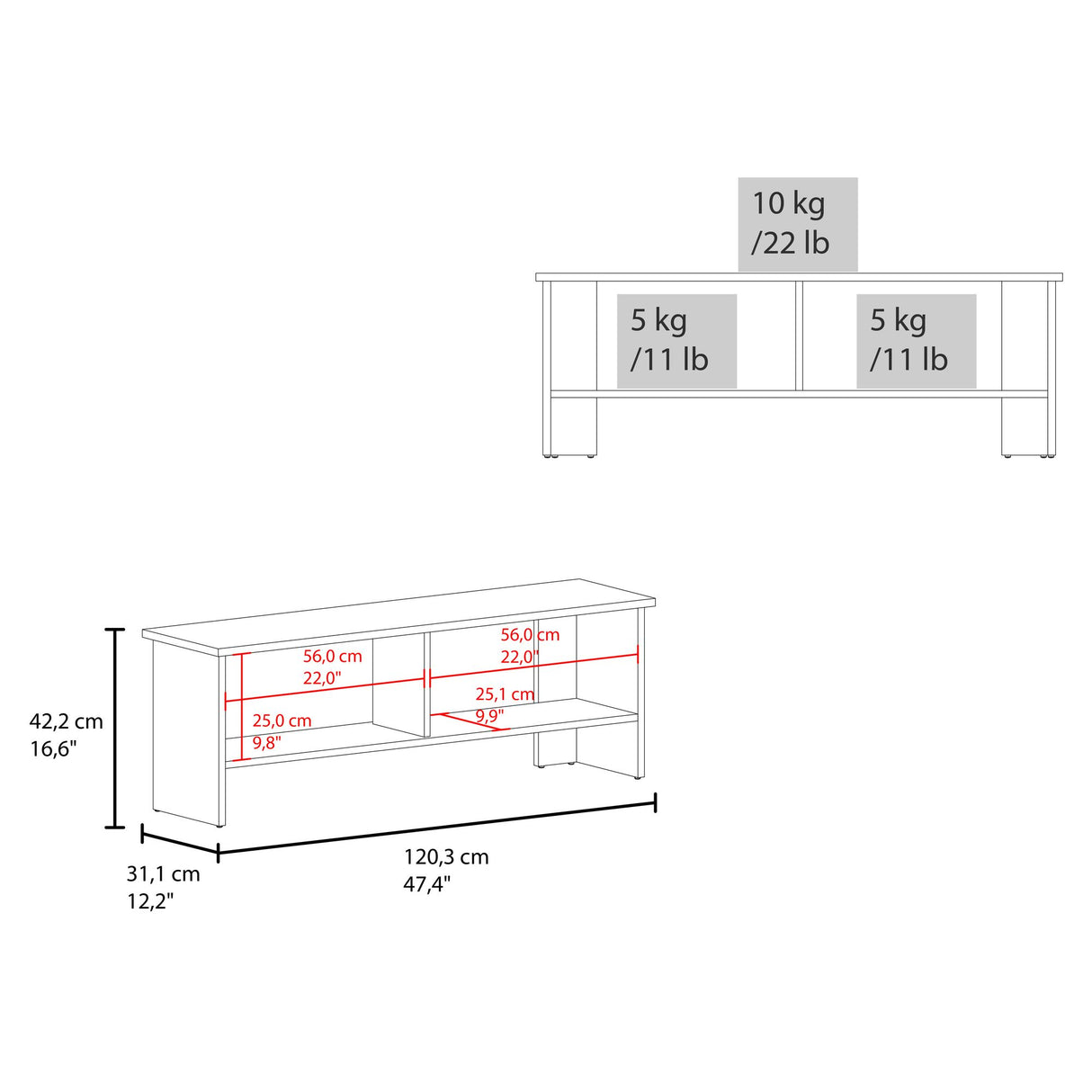 Mesa para TV Navia Nogal y Blanco 120.3x41.9cm Para TV Hasta 65 Pulgadas - MUEBLES DE TV | Bylmo