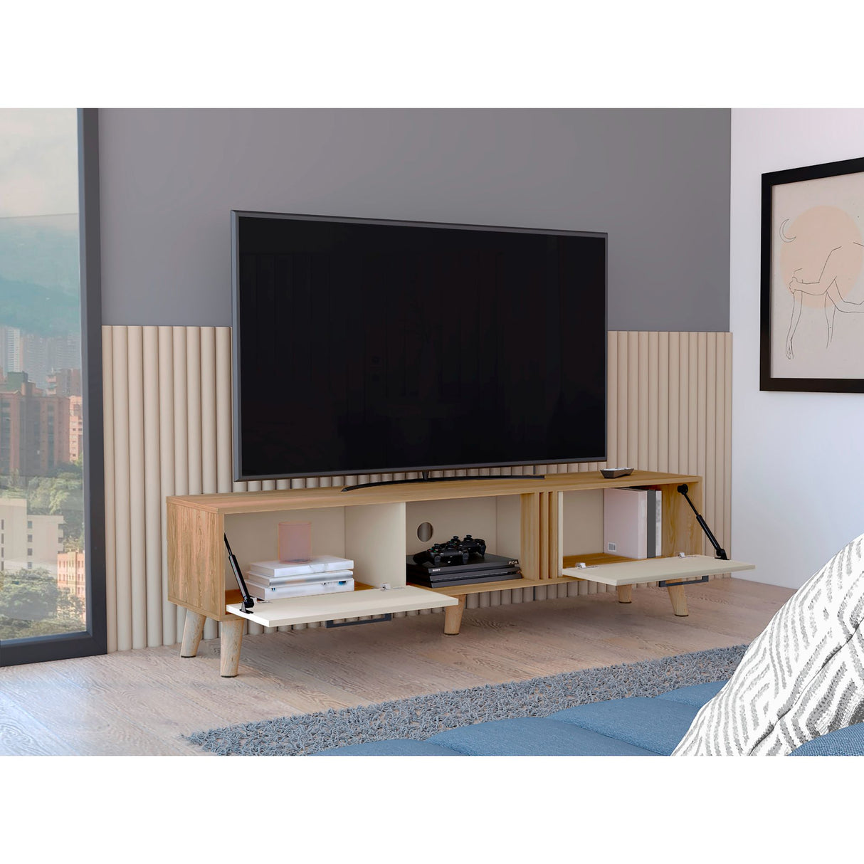 Rack de TV Vance Capri y Fresno Europeo 160x35cm Para TV Hasta 70 Pulgadas con Ranuras para Cables - MUEBLES DE TV | Bylmo