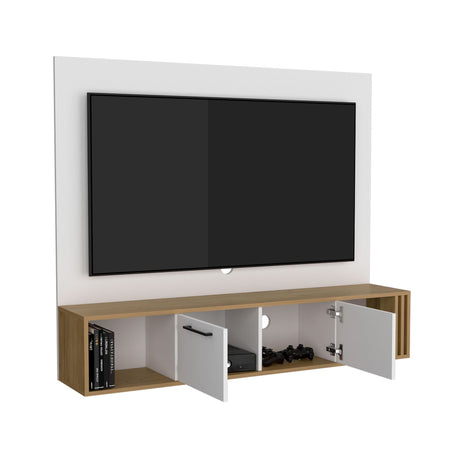 Panel de TV Flotante Vance Blanco y Fresno Europeo 142.6x120cm Para TV Hasta 60 Pulgadas con Ranuras para Cables - MUEBLES DE TV | Bylmo
