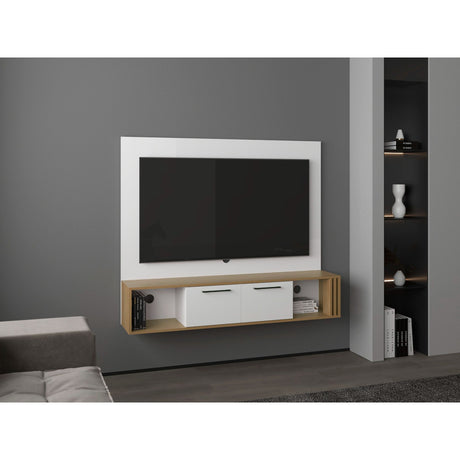 Panel de TV Flotante Vance Blanco y Fresno Europeo 142.6x120cm Para TV Hasta 60 Pulgadas con Ranuras para Cables - MUEBLES DE TV | Bylmo