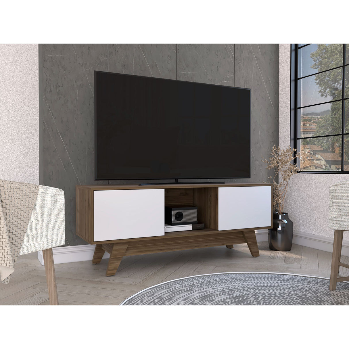 Rack de TV Romero Gales y Blanco 135x53.7cm Para TV Hasta 55 Pulgadas - MUEBLES DE TV | Bylmo