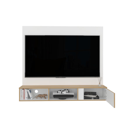 Panel de TV Flotante Dassel Blanco y Fresno Europeo 150x132.5cm Para TV Hasta 65 Pulgadas con Ranuras para Cables - MUEBLES DE TV | Bylmo