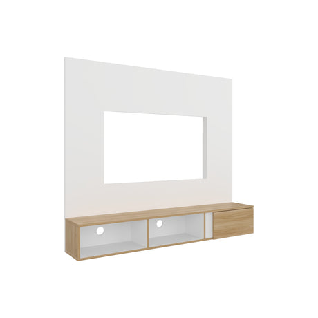 Panel de TV Flotante Dassel Blanco y Fresno Europeo 150x132.5cm Para TV Hasta 65 Pulgadas con Ranuras para Cables - MUEBLES DE TV | Bylmo
