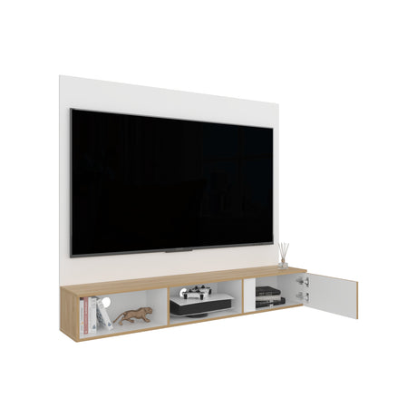 Panel de TV Flotante Dassel Blanco y Fresno Europeo 150x132.5cm Para TV Hasta 65 Pulgadas con Ranuras para Cables - MUEBLES DE TV | Bylmo