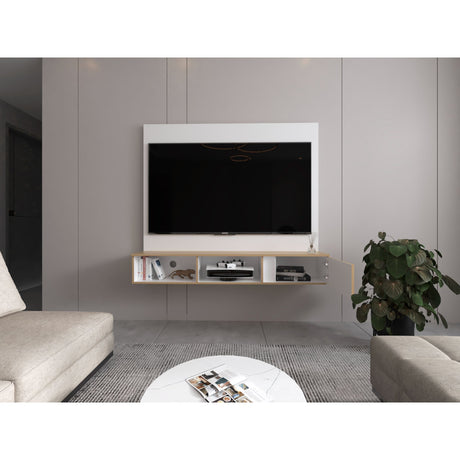 Panel de TV Flotante Dassel Blanco y Fresno Europeo 150x132.5cm Para TV Hasta 65 Pulgadas con Ranuras para Cables - MUEBLES DE TV | Bylmo