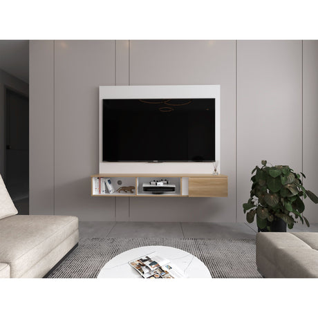 Panel de TV Flotante Dassel Blanco y Fresno Europeo 150x132.5cm Para TV Hasta 65 Pulgadas con Ranuras para Cables - MUEBLES DE TV | Bylmo
