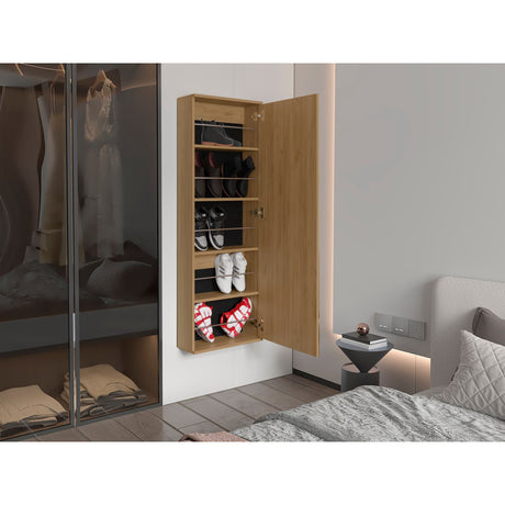 Zapatero de Pared Leto Fresno Europeo 47x138cm Flotante de Cinco Niveles con Espejo - ZAPATEROS | Bylmo