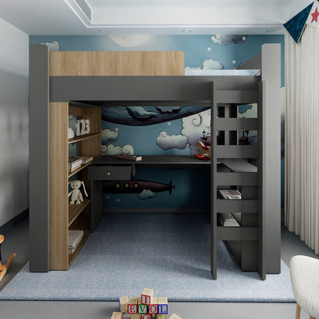 Cama Multifuncional Cozy Plomo y Fresno Europeo 201.2x183.6cm para Colchón Sencilla 100 X 190 Cm con Cabecero y Piecero - CAMAS | Bylmo