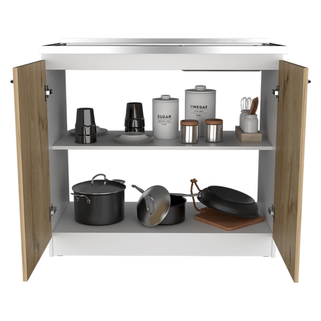 Mueble Inferior de Cocina Napoles Blanco y Duna 100x90cm Con Mesón de Acero Inoxidable para Lado Izquierdo y sin Estufa - MUEBLES INFERIORES DE COCINA | Bylmo