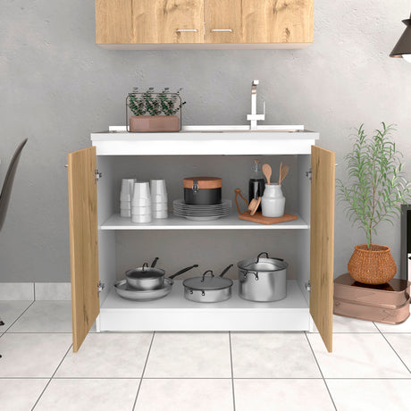 Mueble Inferior de Cocina Napoles Blanco y Duna 100x90cm Con Mesón de Acero Inoxidable para Lado Izquierdo y sin Estufa - MUEBLES INFERIORES DE COCINA | Bylmo