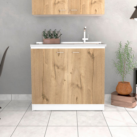 Mueble Inferior de Cocina Napoles Blanco y Duna 100x90cm Con Mesón de Acero Inoxidable para Lado Izquierdo y sin Estufa - MUEBLES INFERIORES DE COCINA | Bylmo