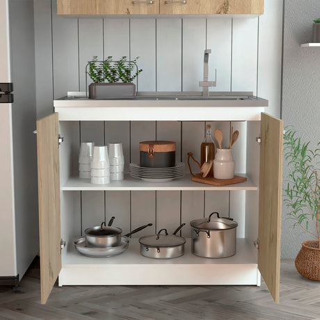 Mueble Inferior de Cocina Napoles Blanco y Duna 100x90cm Con Mesón de Acero Inoxidable para Lado Izquierdo y sin Estufa - MUEBLES INFERIORES DE COCINA | Bylmo