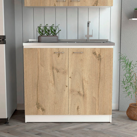 Mueble Inferior de Cocina Napoles Blanco y Duna 100x90cm Con Mesón de Acero Inoxidable para Lado Izquierdo y sin Estufa - MUEBLES INFERIORES DE COCINA | Bylmo