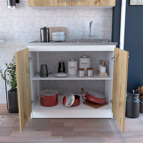 Mueble Inferior de Cocina Napoles Blanco y Duna 100x90cm Con Mesón de Acero Inoxidable para Lado Izquierdo y sin Estufa - MUEBLES INFERIORES DE COCINA | Bylmo