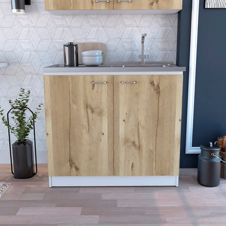 Mueble Inferior de Cocina Napoles Blanco y Duna 100x90cm Con Mesón de Acero Inoxidable para Lado Izquierdo y sin Estufa - MUEBLES INFERIORES DE COCINA | Bylmo