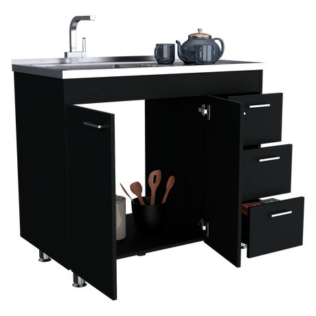 Mueble Inferior de Cocina Ferreti Wengue 100x90cm Con Mesón de Acero Inoxidable para Lado Izquierdo y sin Estufa - MUEBLES INFERIORES DE COCINA | Bylmo